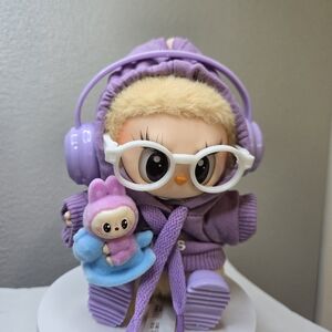 Outfit For Labubu Purple Hoodie, Glasses, Shoes, Plush Toy with Headphones!